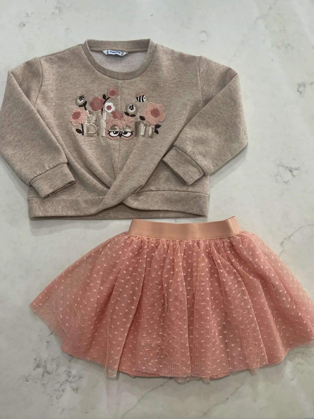 Mayoral Beige Embroidered Sweatshirt with Peach Tulle Skirt Set